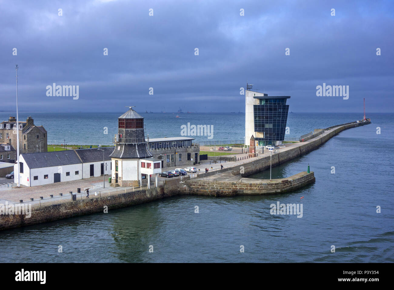 Marine Operations Centre and old harbour master's control tower at entrance to the Aberdeen port, Aberdeenshire, Scotland, UK Stock Photo