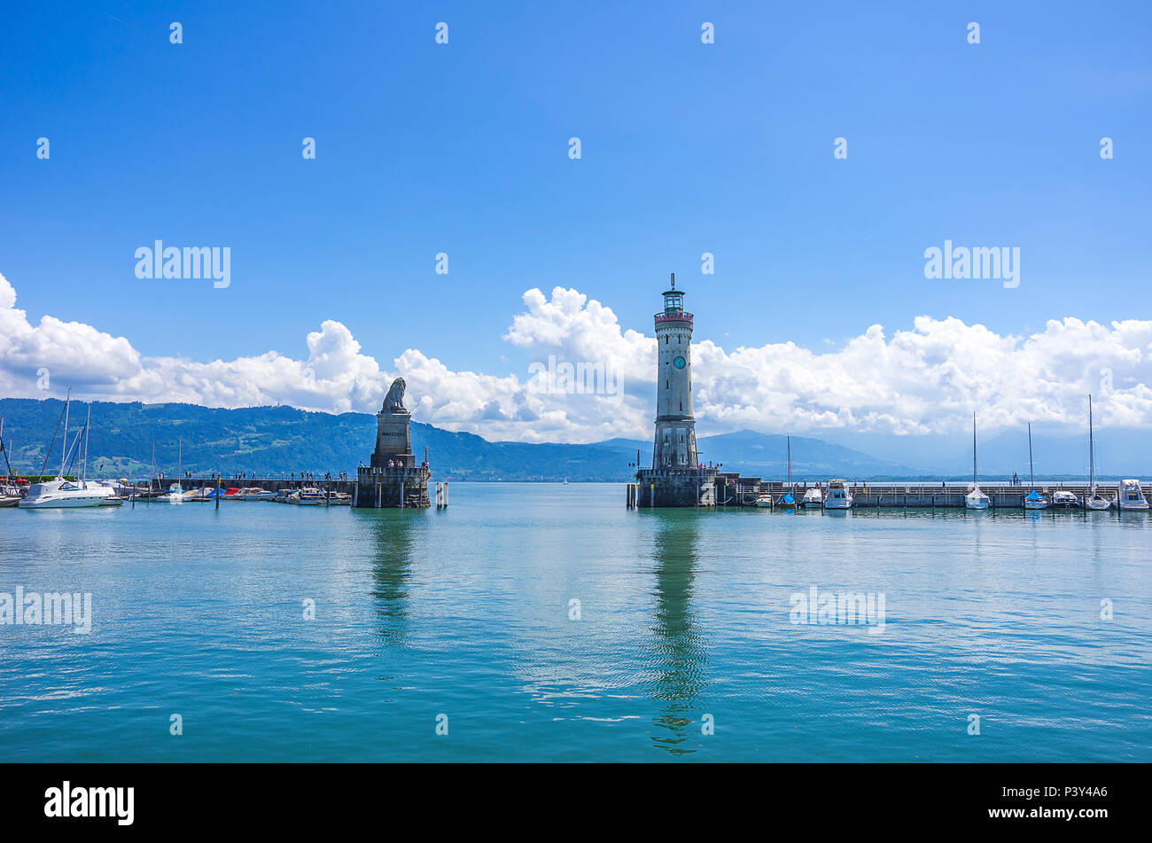 Lindau am Bodensee, Bavaria, Germany - View of the harbor entrance with the Bavarian Lion and lighthouse. Stock Photo