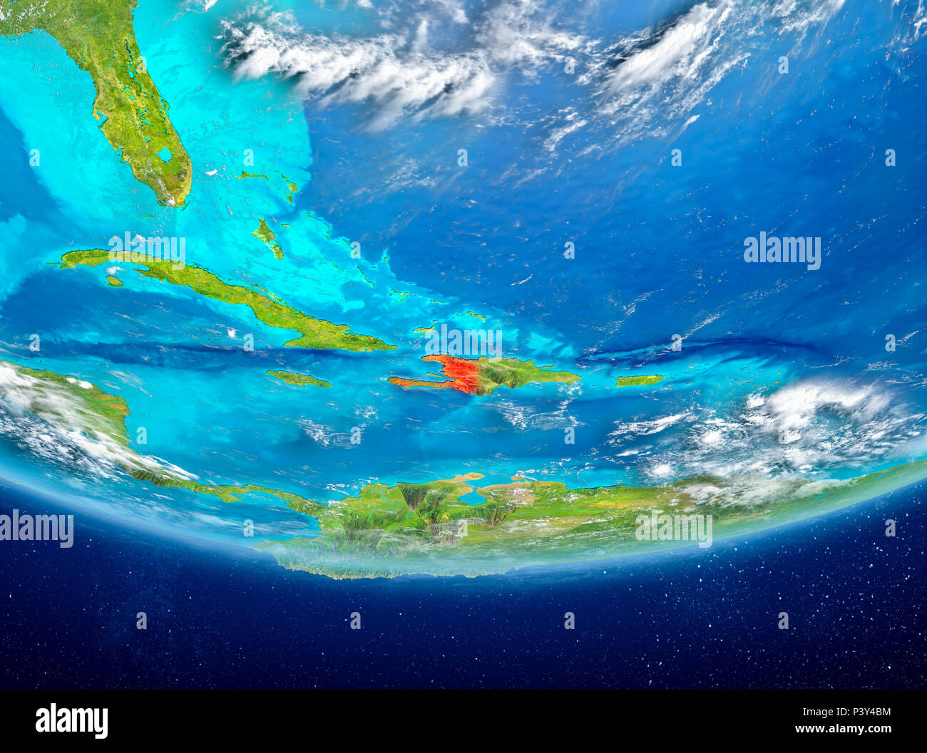 Haiti highlighted in red on planet Earth with clouds. 3D illustration ...