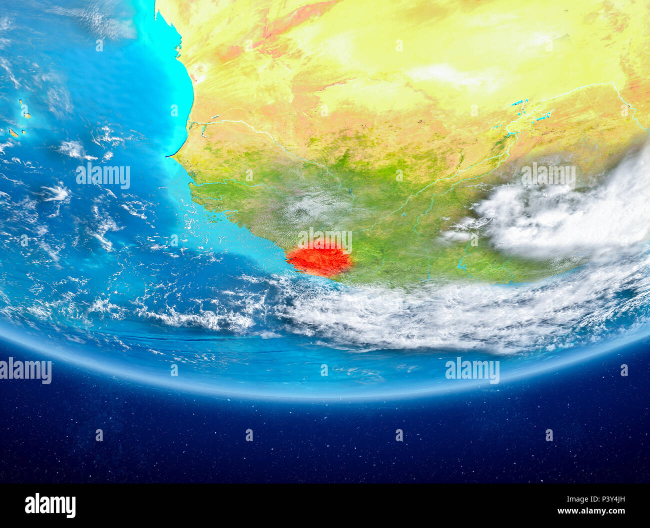 Sierra Leone highlighted in red on planet Earth with clouds. 3D ...