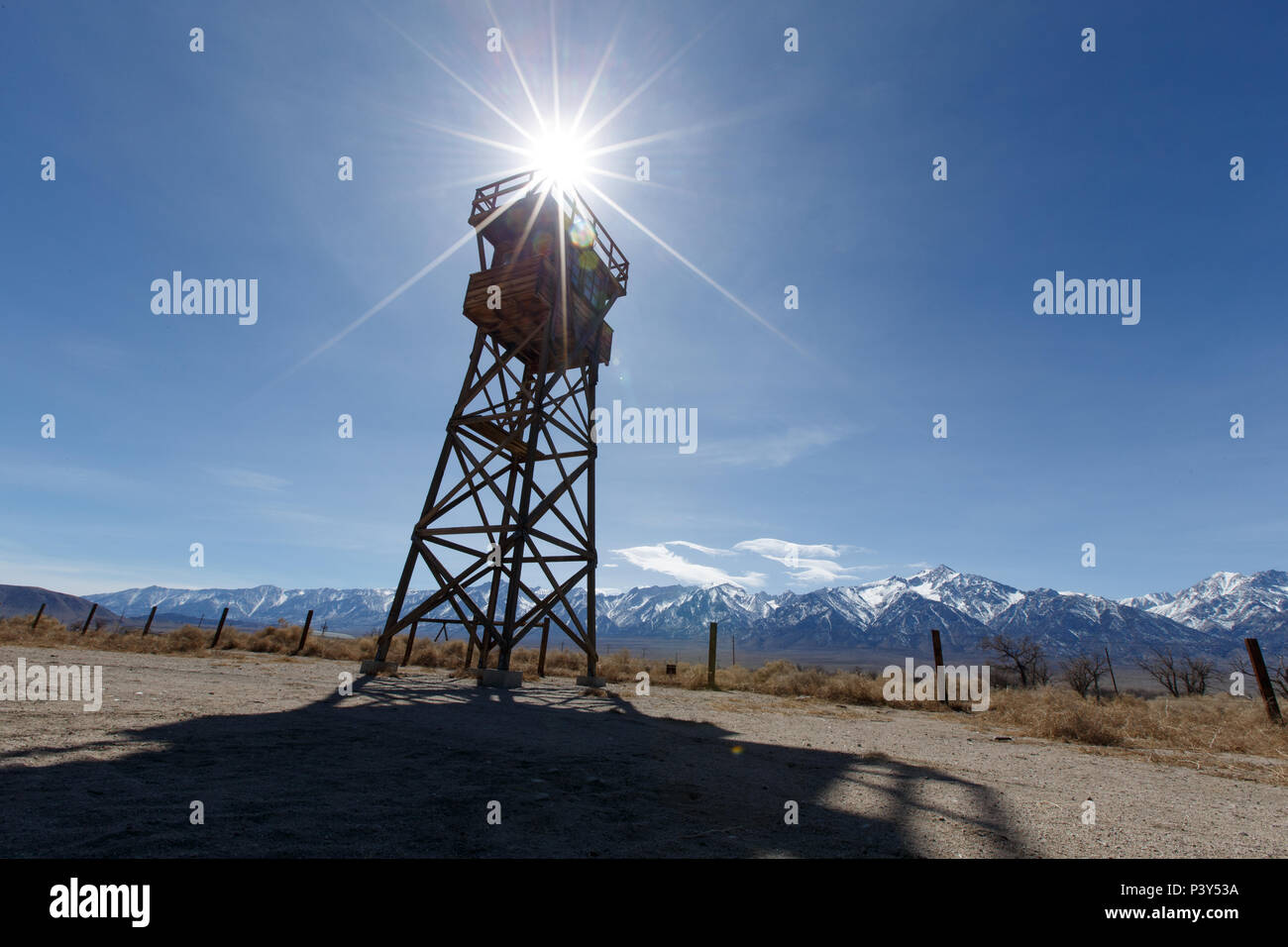 A watchtower at Manzanar War Relocation Center where Japanese Americans were jailed at the  Manzanar National Historic Site near Independence, CA. Stock Photo