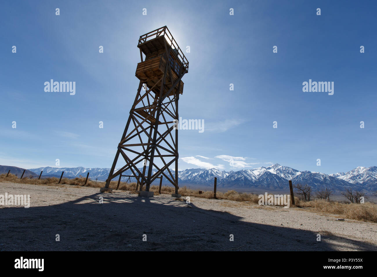 A watchtower at Manzanar War Relocation Center where Japanese Americans were jailed at the  Manzanar National Historic Site near Independence, CA. Stock Photo