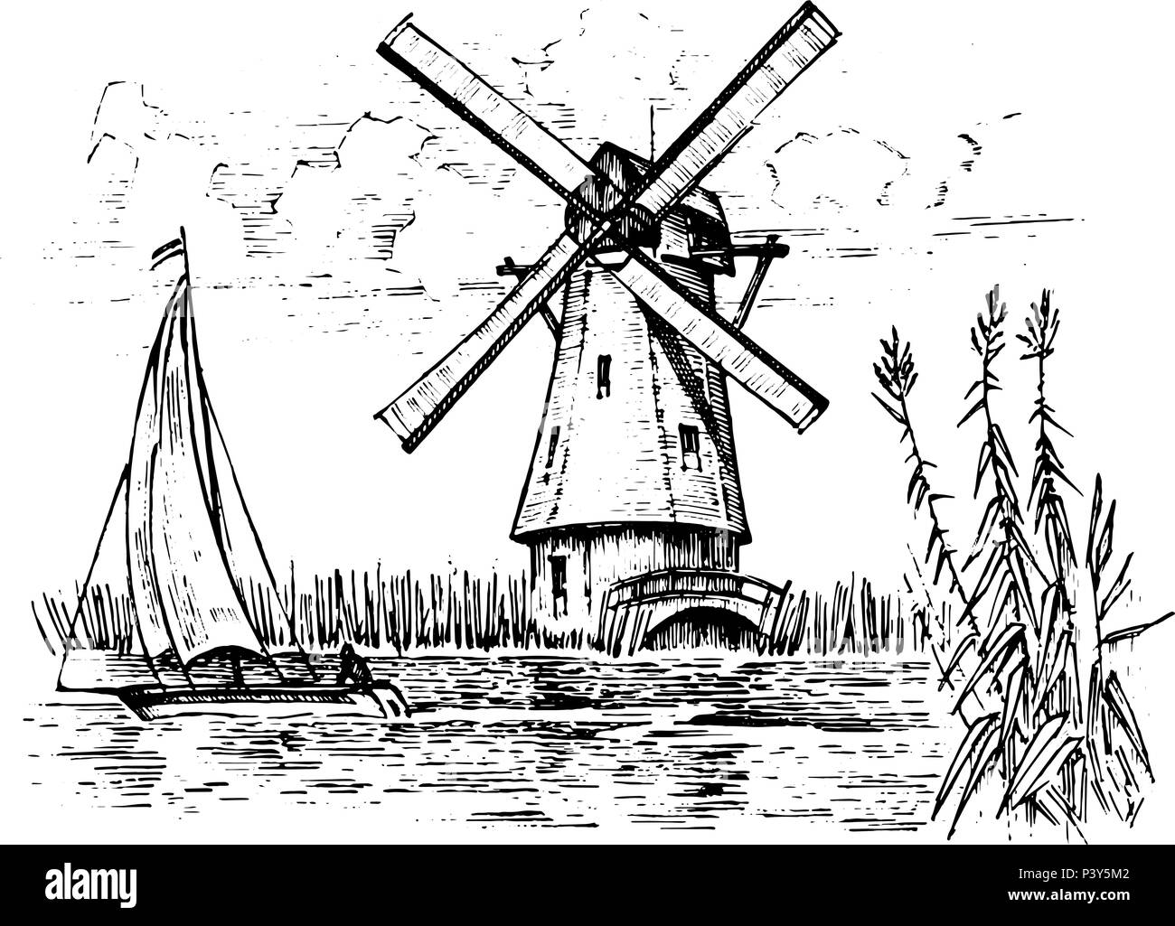 Windmill farm building in Black and White Stock Photos Images Alamy