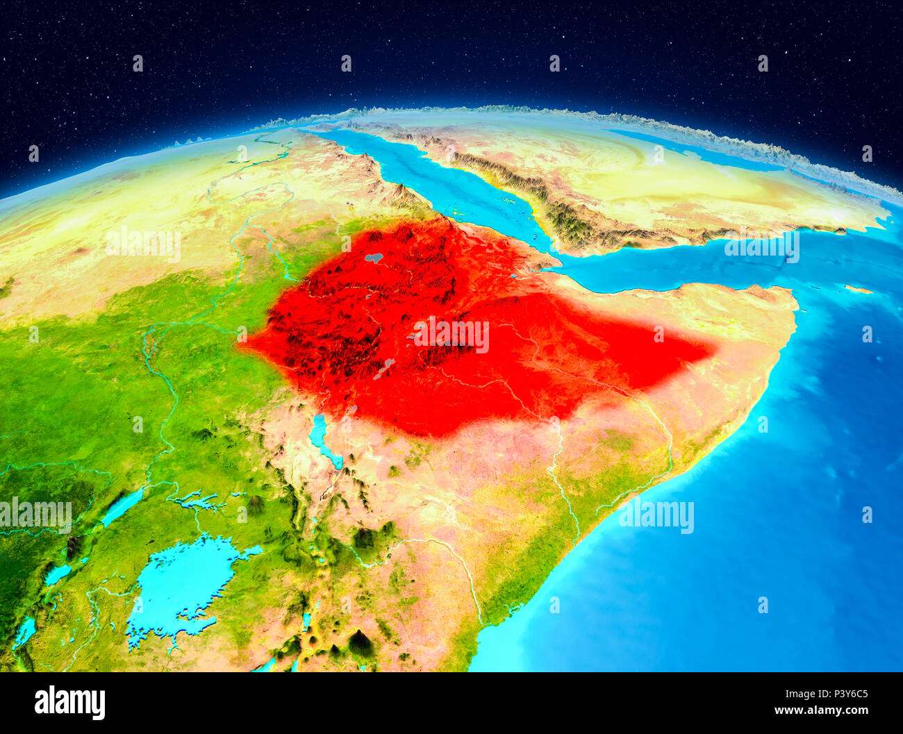 Satellite View Of Ethiopia Satellite View Of Ethiopia Highlighted In Red On Planet Earth. 3D  Illustration. Elements Of This Image Furnished By Nasa Stock Photo - Alamy