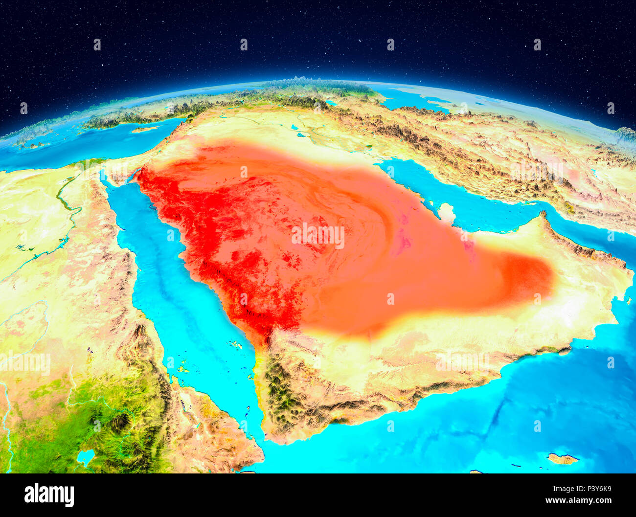 satellite-view-of-saudi-arabia-highlighted-in-red-on-planet-earth-3d