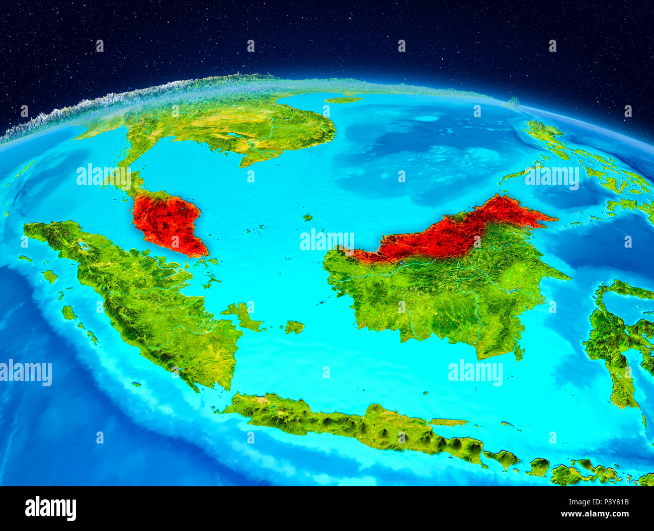 Satellite view of Malaysia highlighted in red on Earth. 3D