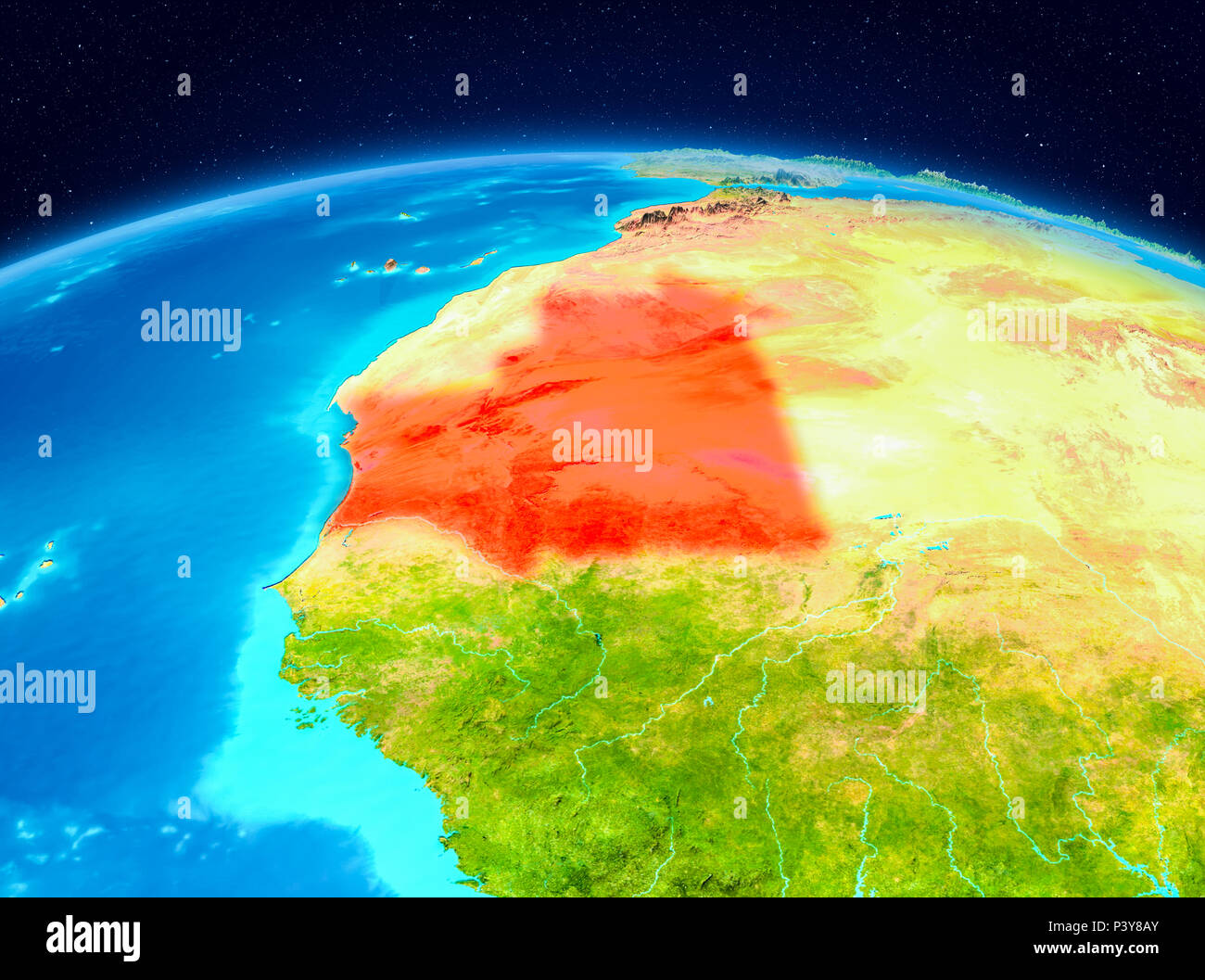 Satellite view of Mauritania highlighted in red on planet Earth. 3D ...
