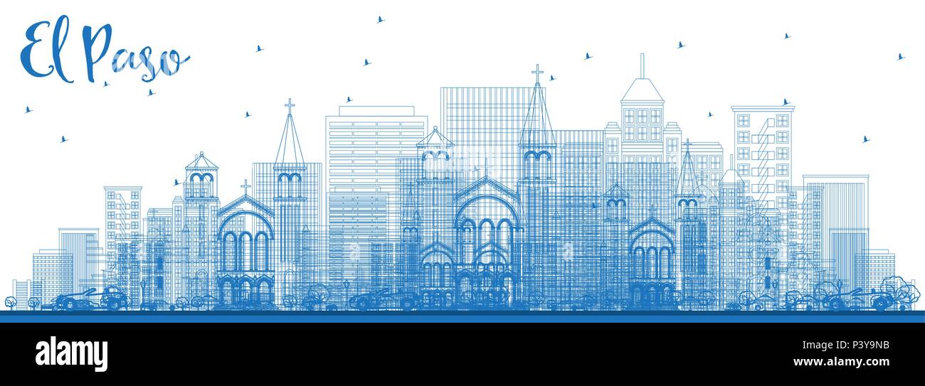 Outline El Paso Skyline with Blue Buildings. Vector Illustration. Business Travel and Tourism Concept with Modern Architecture. Image for Presentation Stock Vector