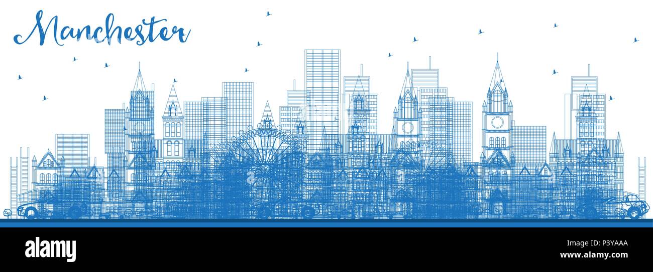 Outline Manchester Skyline with Blue Buildings. Vector Illustration. Business Travel and Tourism Concept with Modern Architecture. Stock Vector