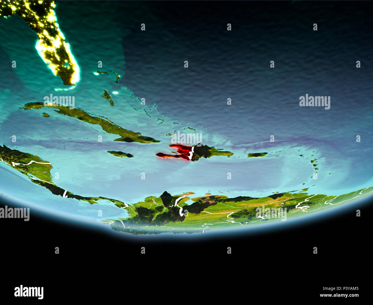 Country of Haiti in red on planet Earth in the evening with visible ...