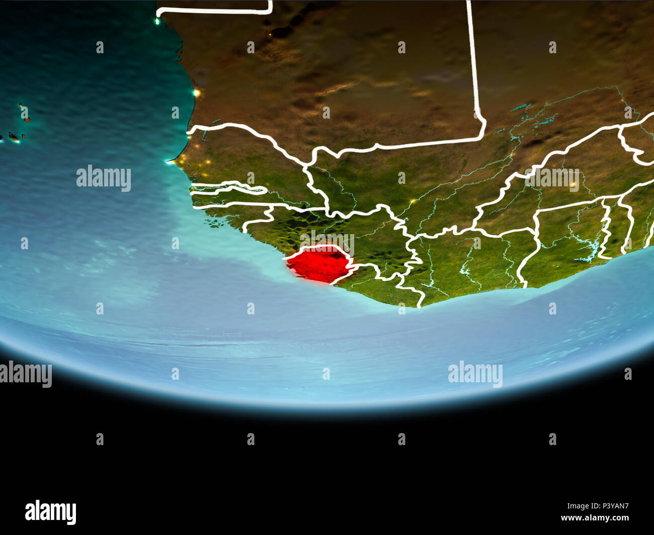 Country of Sierra Leone in red on planet Earth in the evening with ...
