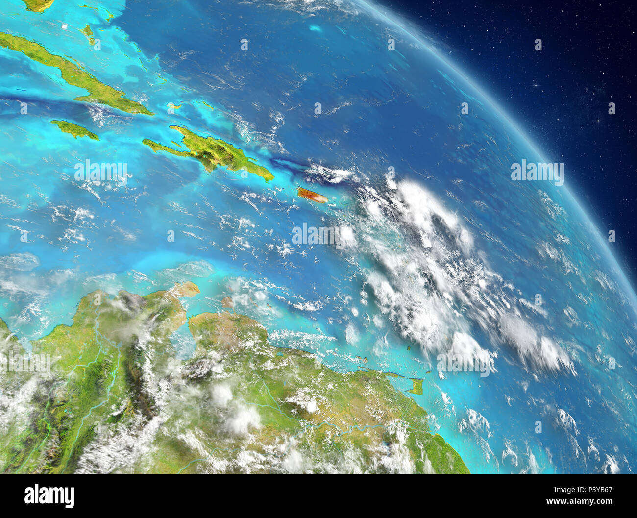 Illustration of Puerto Rico as seen from Earth’s orbit. 3D illustration. Elements of this image furnished by NASA. Stock Photo