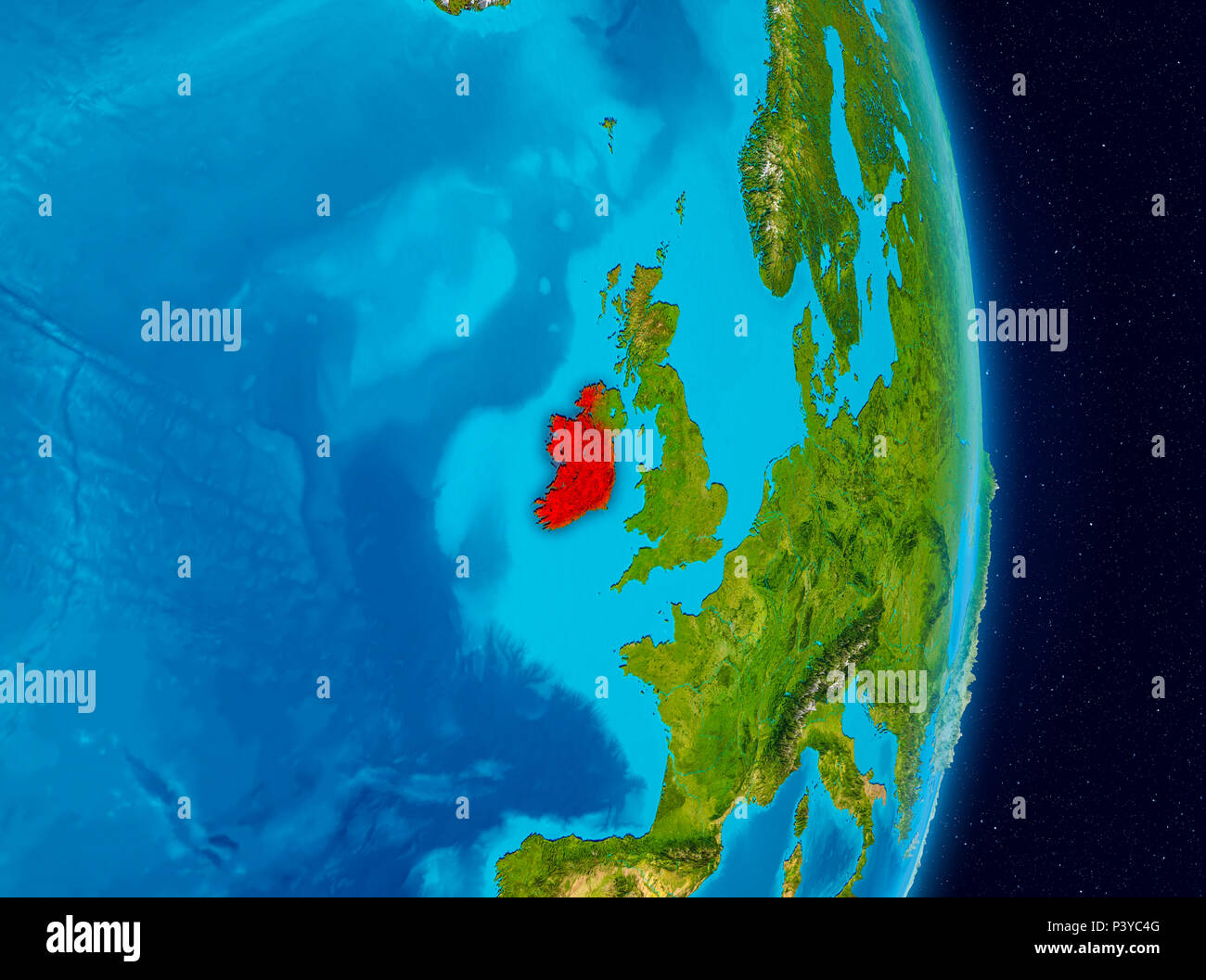 Country of Ireland in red on planet Earth. 3D illustration. Elements of ...