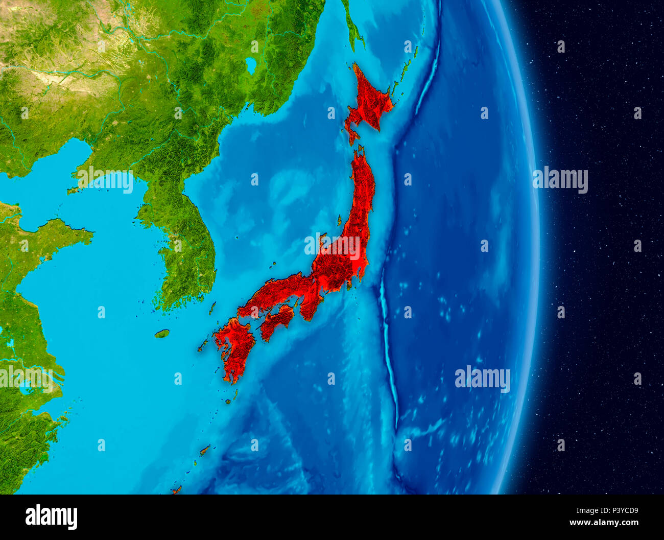 Japan in red on planet Earth as seen from space on full sphere. 3D