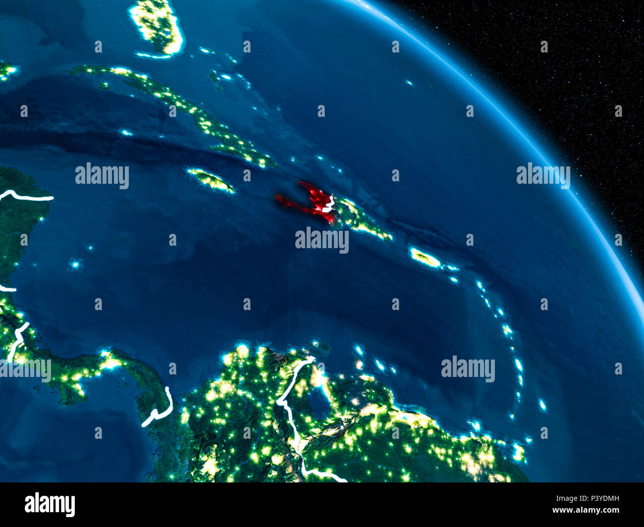 Satellite view of Haiti highlighted in red on planet Earth at night ...