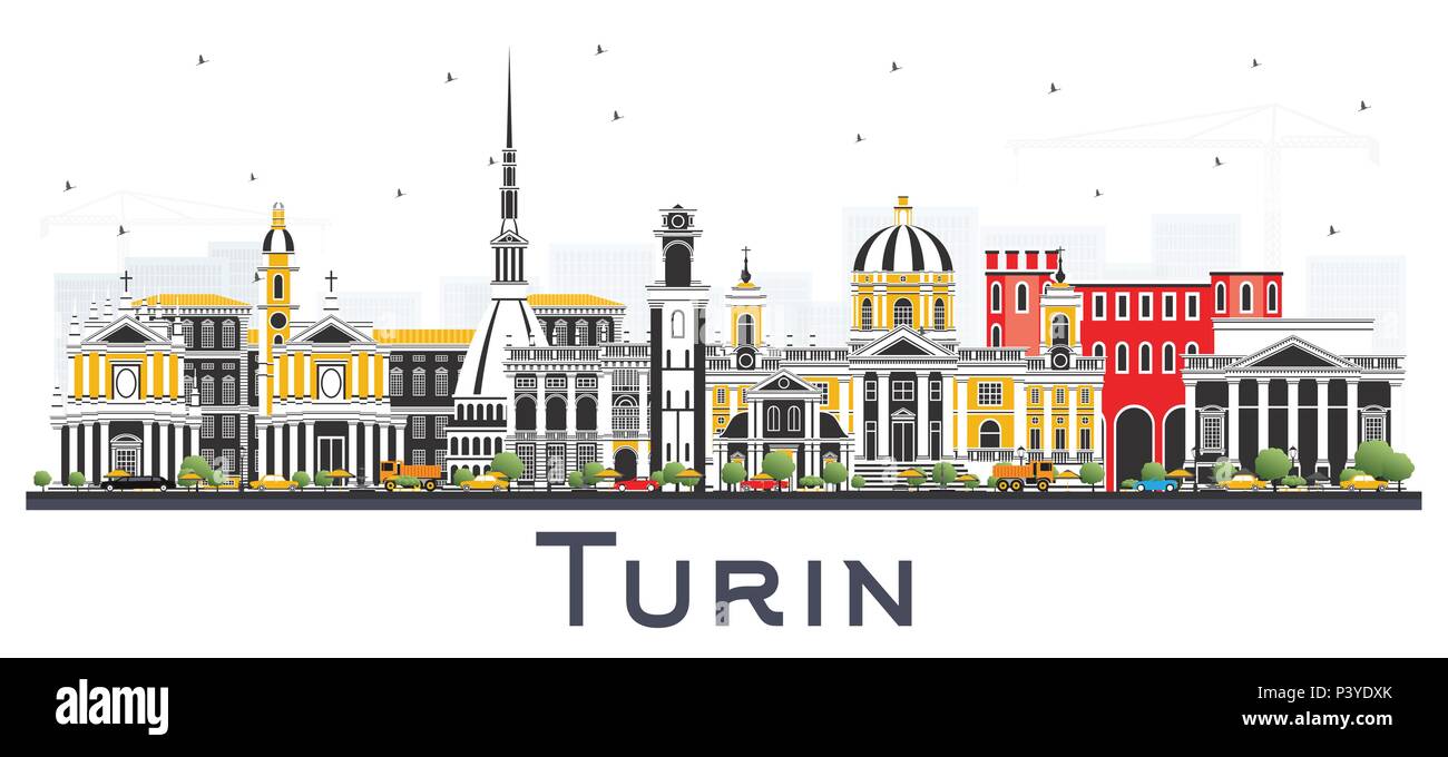 Turin Italy City Skyline with Color Buildings Isolated on White. Vector Illustration. Business Travel and Tourism Concept with Modern Architecture. Stock Vector