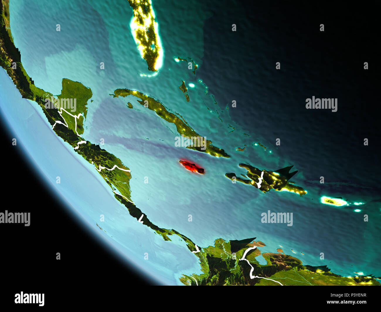Jamaica from orbit of Earth at night with highly detailed