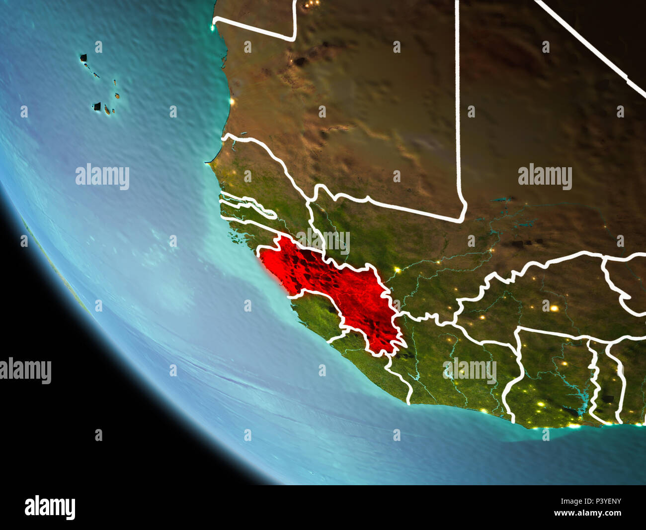Guinea from orbit of planet Earth at night with highly detailed surface ...