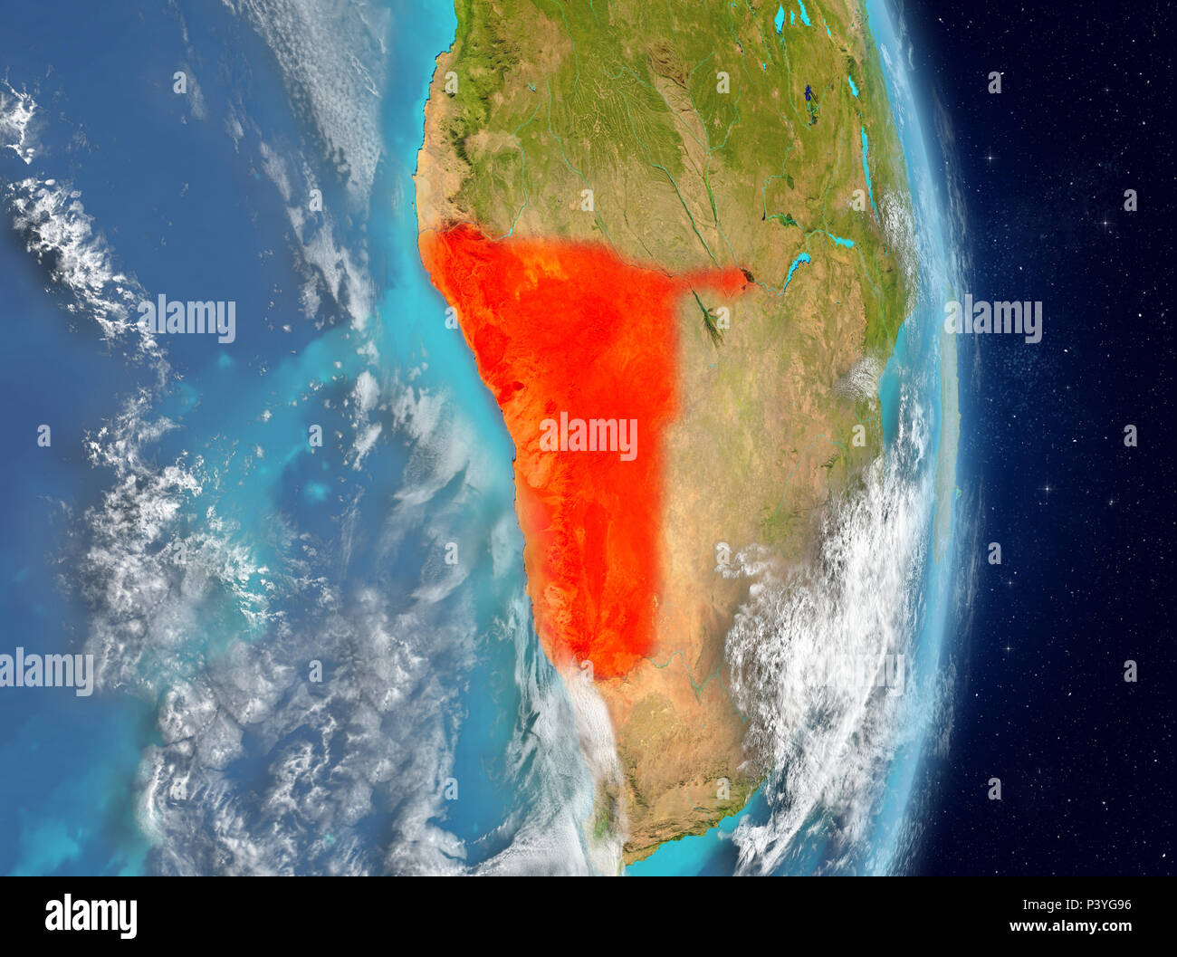 Space view of Namibia highlighted in red on planet Earth with ...
