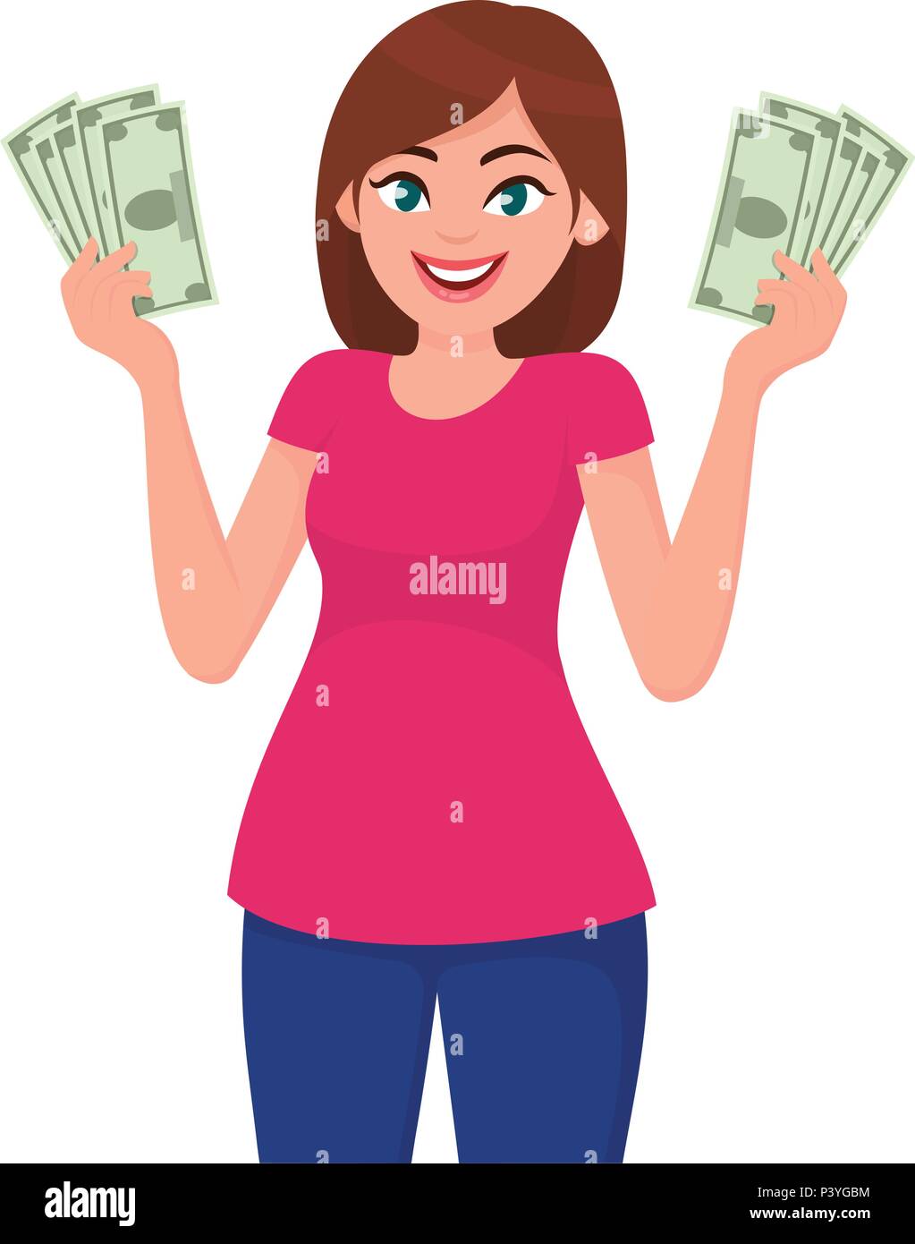 Young woman holding cash/money in hands. Cheerful young woman holding currency notes. Vector illustration in cartoon style. Stock Vector