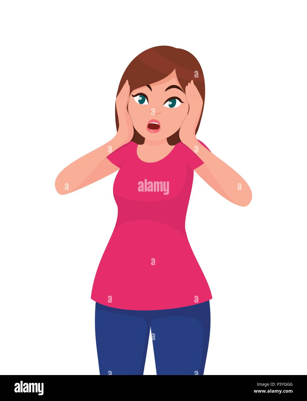Woman with scared face expression, Young  woman expression with her hands on the head. Cartoon style illustration. Stock Vector