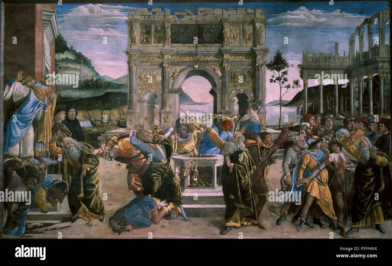 The Punishment of Korah, Dathan and Abiram - 1481 - 348,5x570 cm - fresco - Italian Renaissance. Author: Sandro Botticelli (1445-1510). Location: MUSEOS VATICANOS-CAPILLA SIXTINA, VATICANO. Also known as: CASTIGO DE LOS REBELDES, MOISES CASTIGA A CORE DATAN Y A ABIRON. Stock Photo
