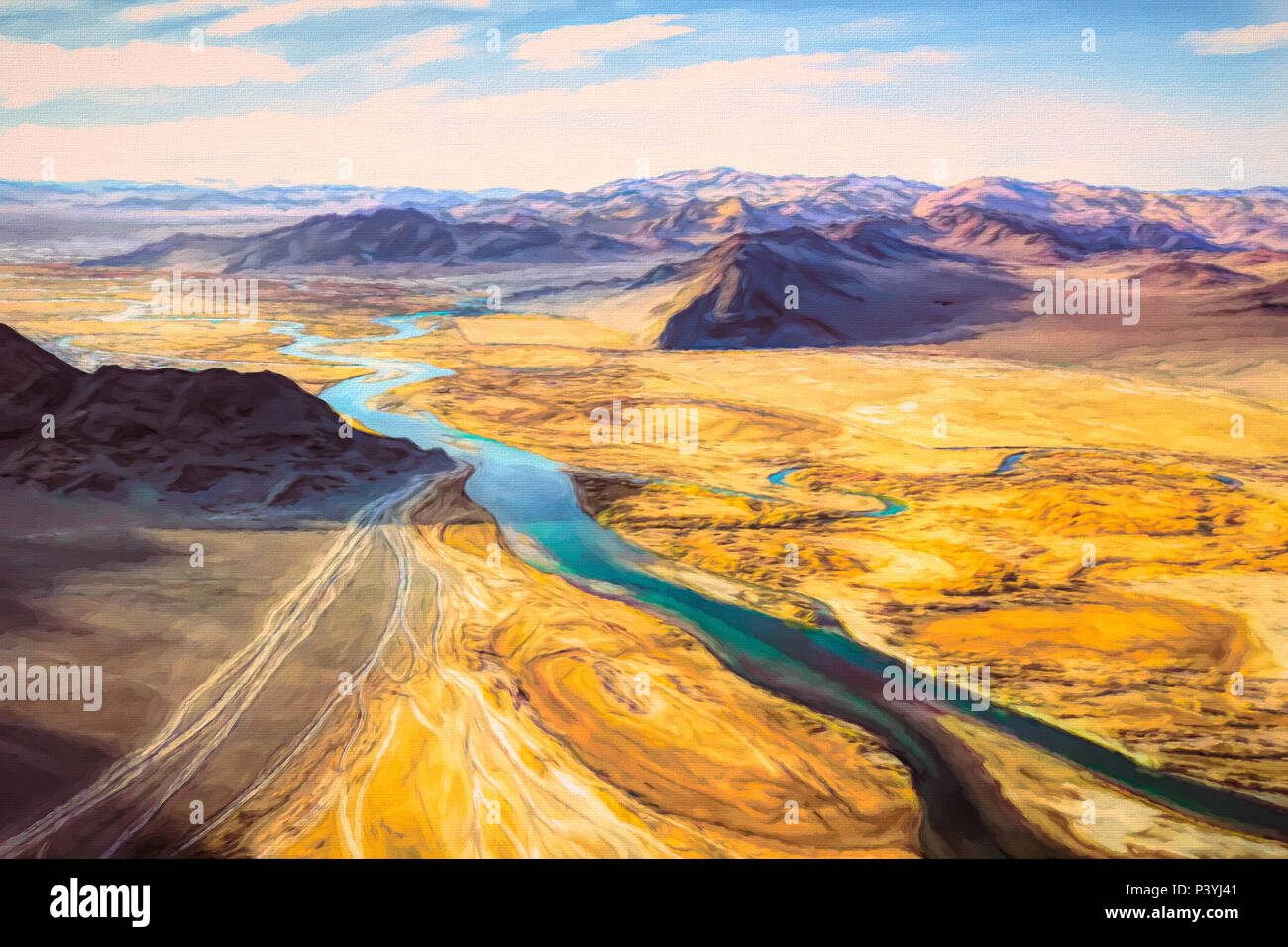 Mongolia aerial drawing yellow river planes Stock Photo