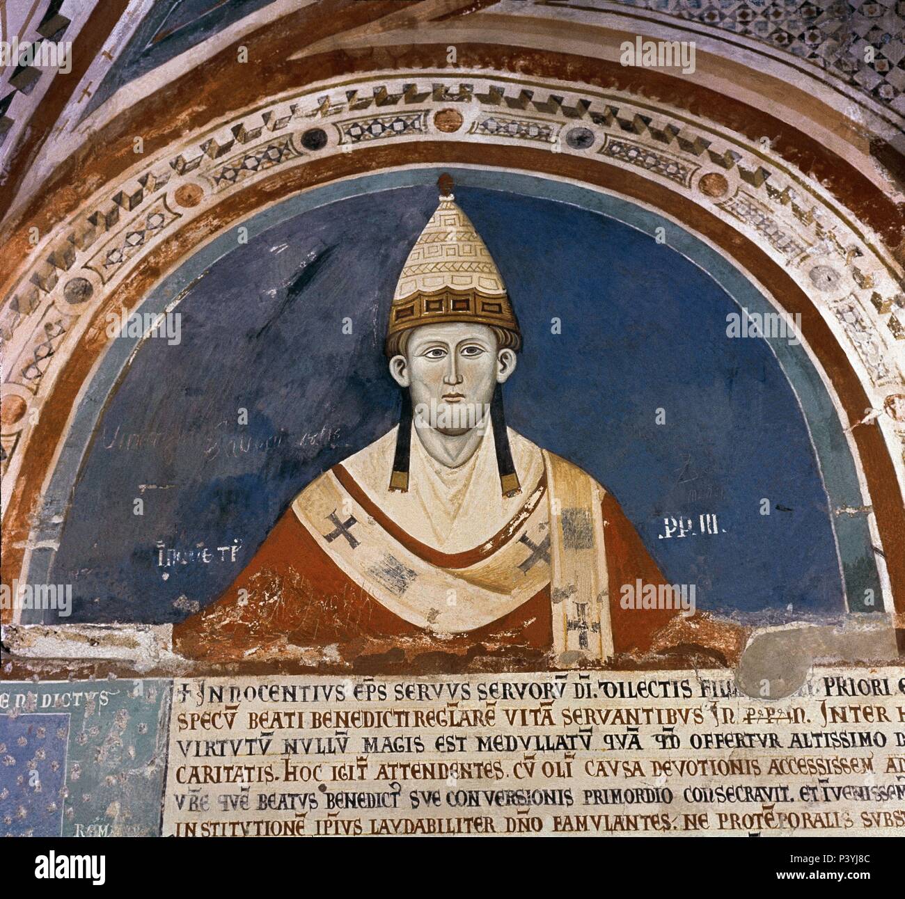 Innocent III (Innocenzo III), Pope from 1198 to 1216. Maestro Conxulu. Pope Innocent III. Fresco from the second half of the 13th century. Subiaco, Church of the Sacro Speco. Italy. Author: MAESTRO CONXULU. Location: IGLESIA DEL SACRO SPECO, SUBIACO, ITALIA. Stock Photo
