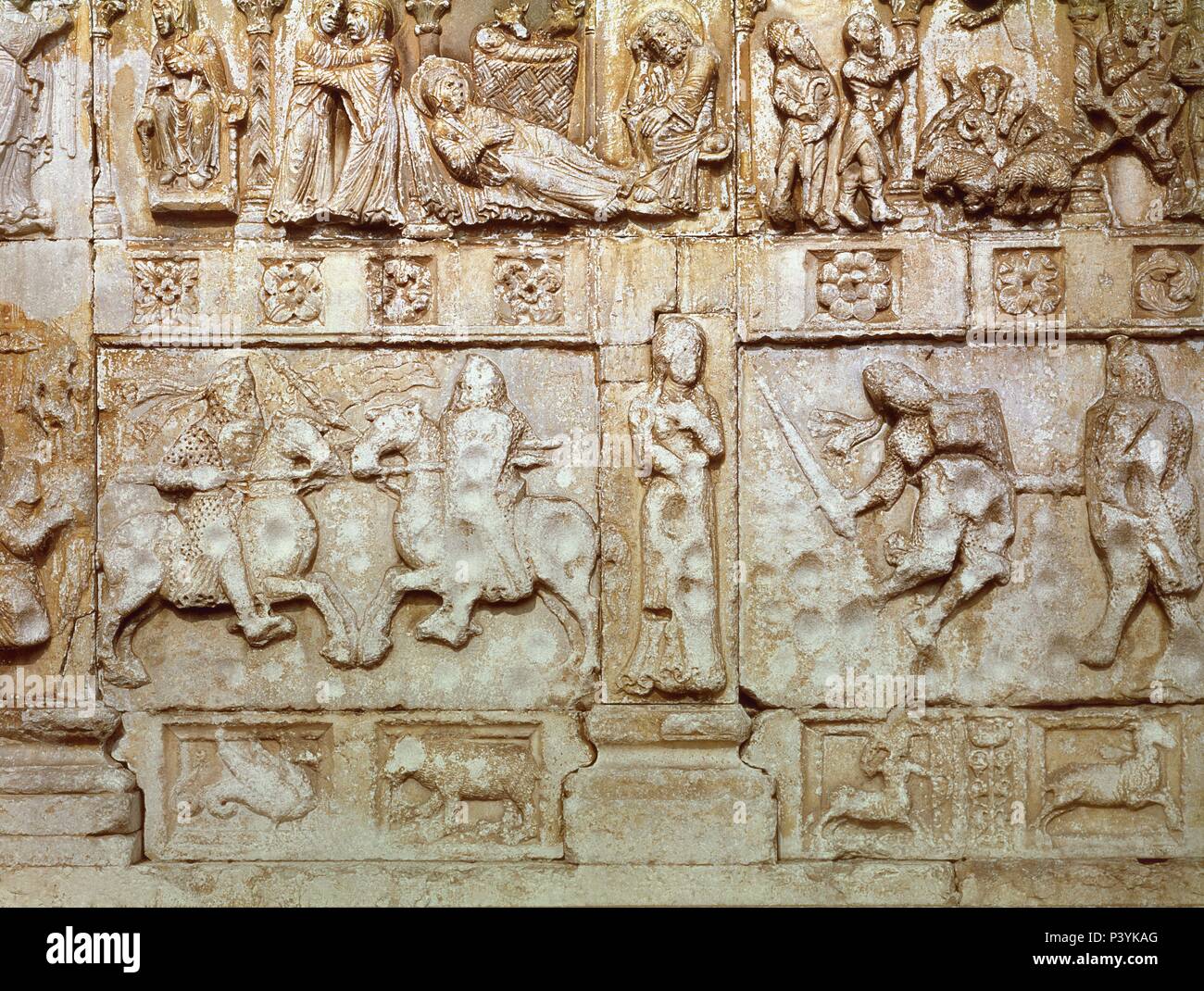 Fight between Theodoric the Great and Odoacer. Low-relief. Verona, Saint Zenon church. Location: BASILICA DE SAN ZENON, VERONA, ITALIA. Stock Photo