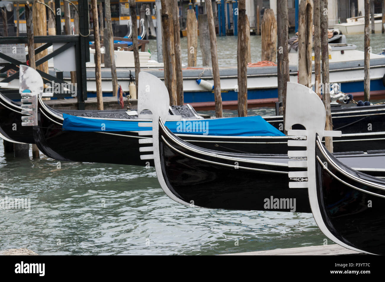 trhee Gondola boats in the Venetian Lagoon Stock Photo
