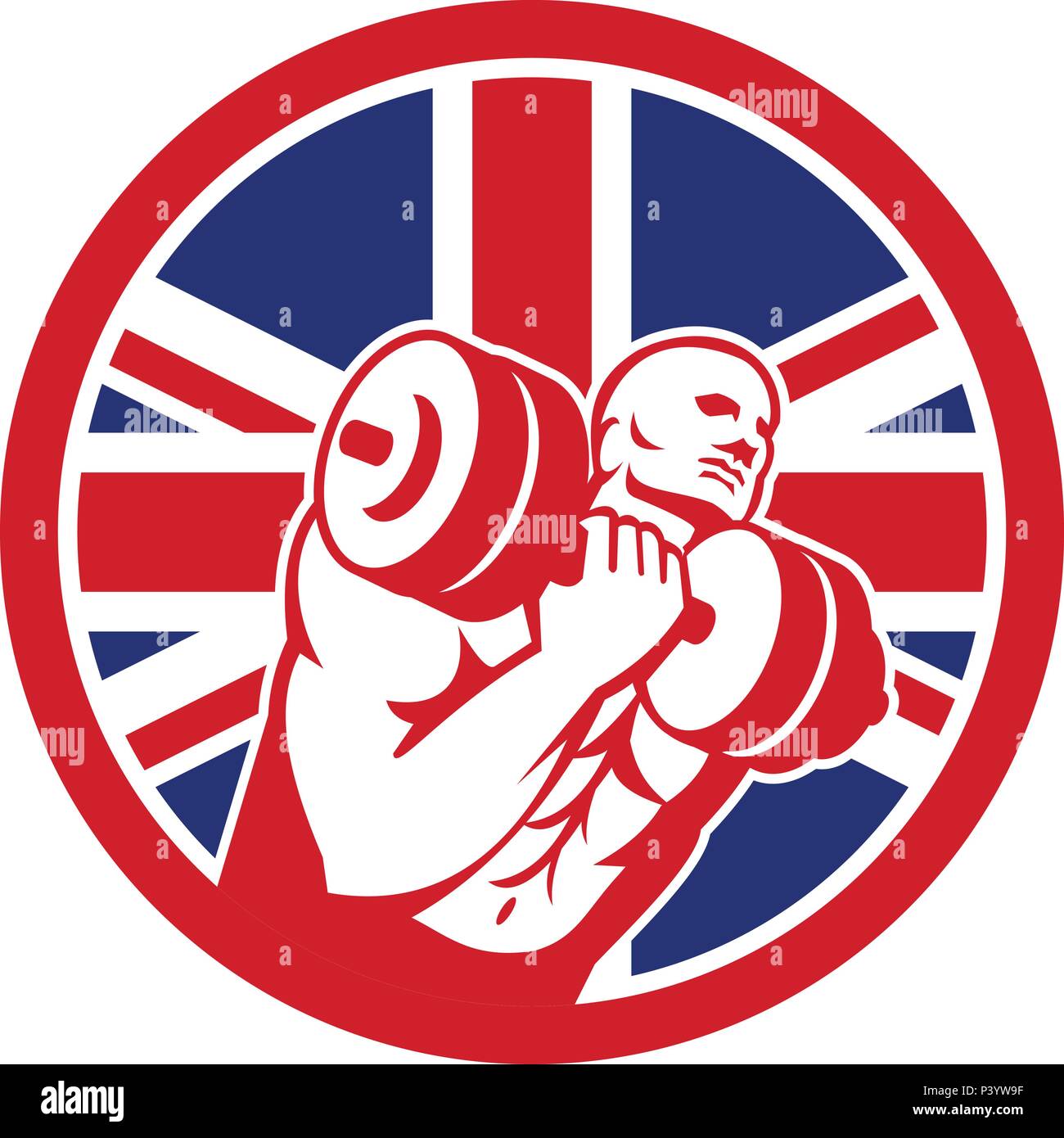 Icon retro style illustration of a British fitness gym circuit with athlete lifting dumbbell and United Kingdom UK, Great Britain Union Jack flag set  Stock Vector
