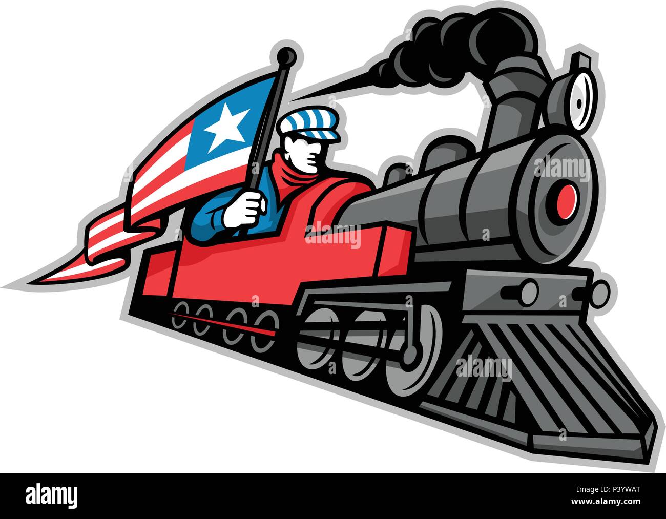 Mascot icon illustration of a vintage steam locomotive or train with a train driver, engineer or mechanic holding an American stars and stripes flag o Stock Vector