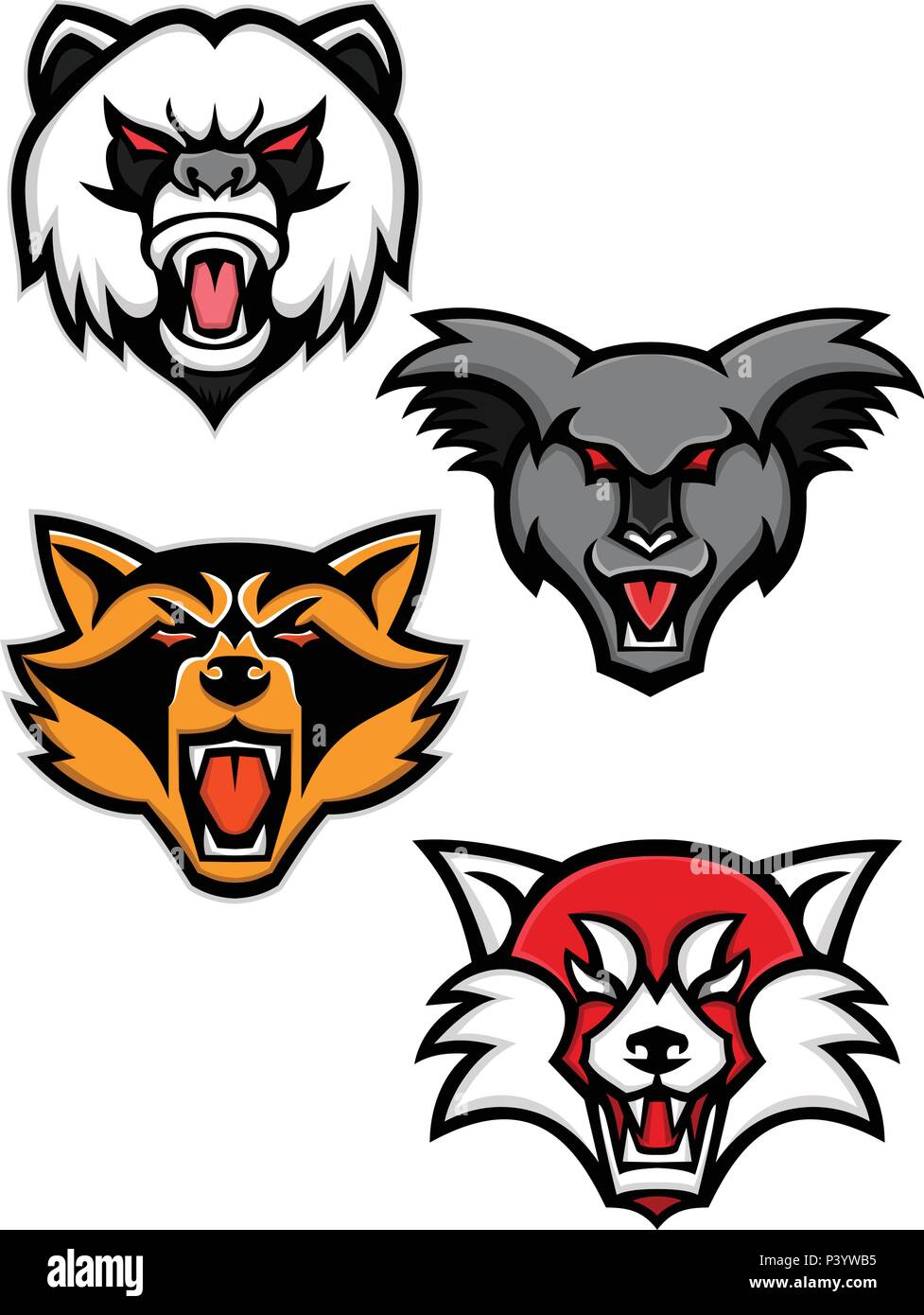 Mascot icon illustration set of heads of angry giant panda or panda bear, koala, racoon or raccoon and the red panda or red bear-cat  viewed from fron Stock Vector