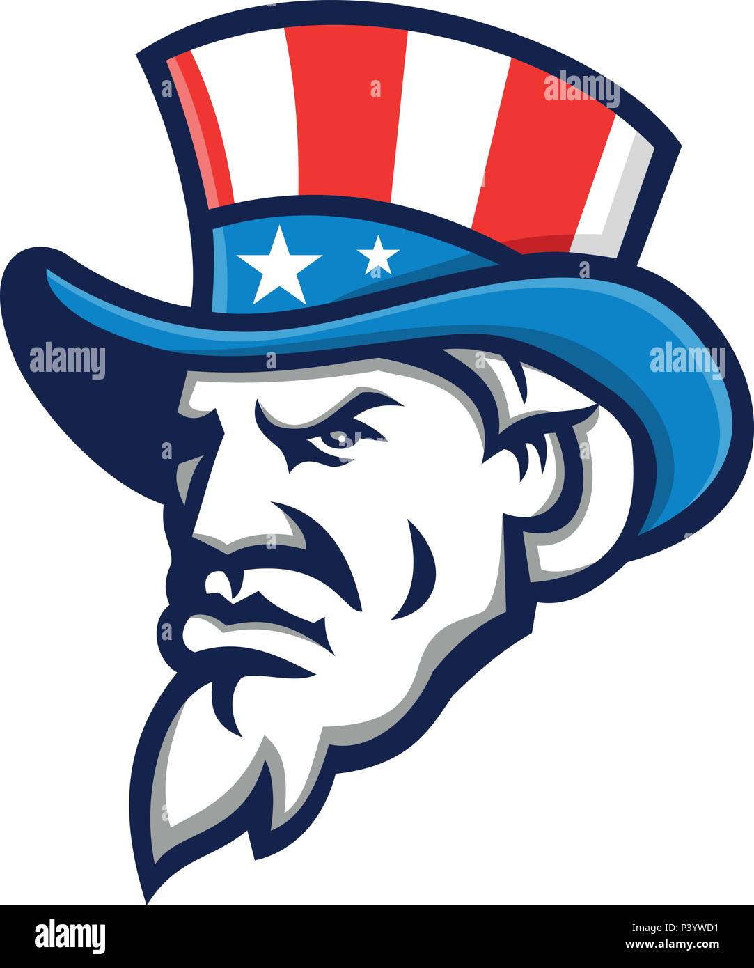 Mascot icon illustration of head of Uncle Sam wearing a top hat with USA  American stars and stripes viewed from side on isolated background in retro  Stock Vector