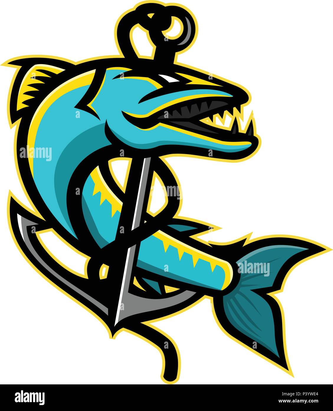 Mascot icon illustration of a great barracuda, a saltwater fish that is snake-like with fearsome appearance and ferocious behaviour, coiling up an anc Stock Vector