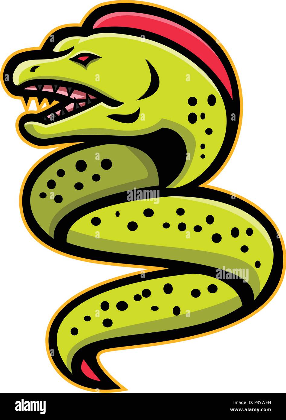 Mascot icon illustration of an angry moray eel or muraenidae with pharyngeal jaw going up viewed from side on isolated background in retro style. Stock Vector