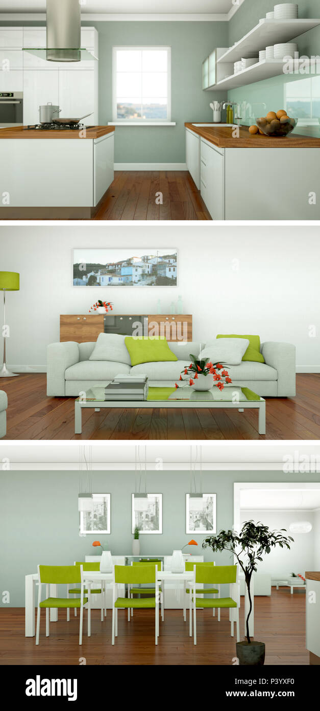 Three views of modern interior loft design 3d Rendering Stock Photo - Alamy