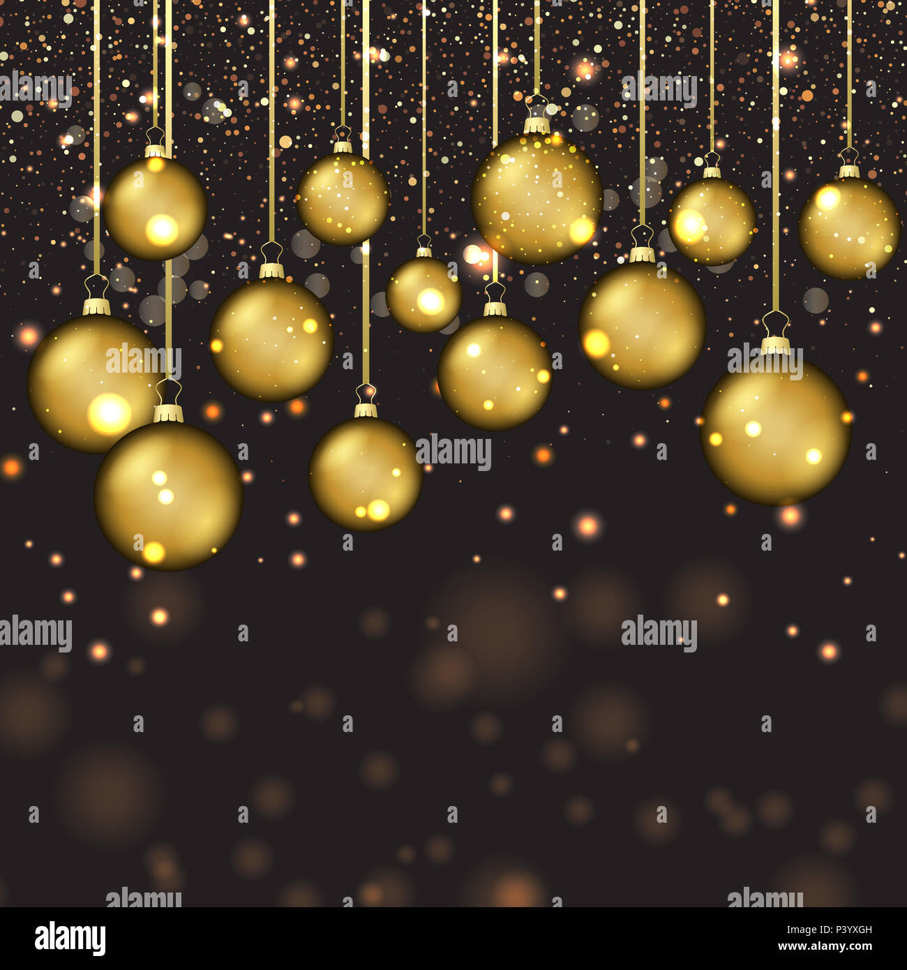 Christmas background with hanging gold baubles and confetti Stock Photo ...