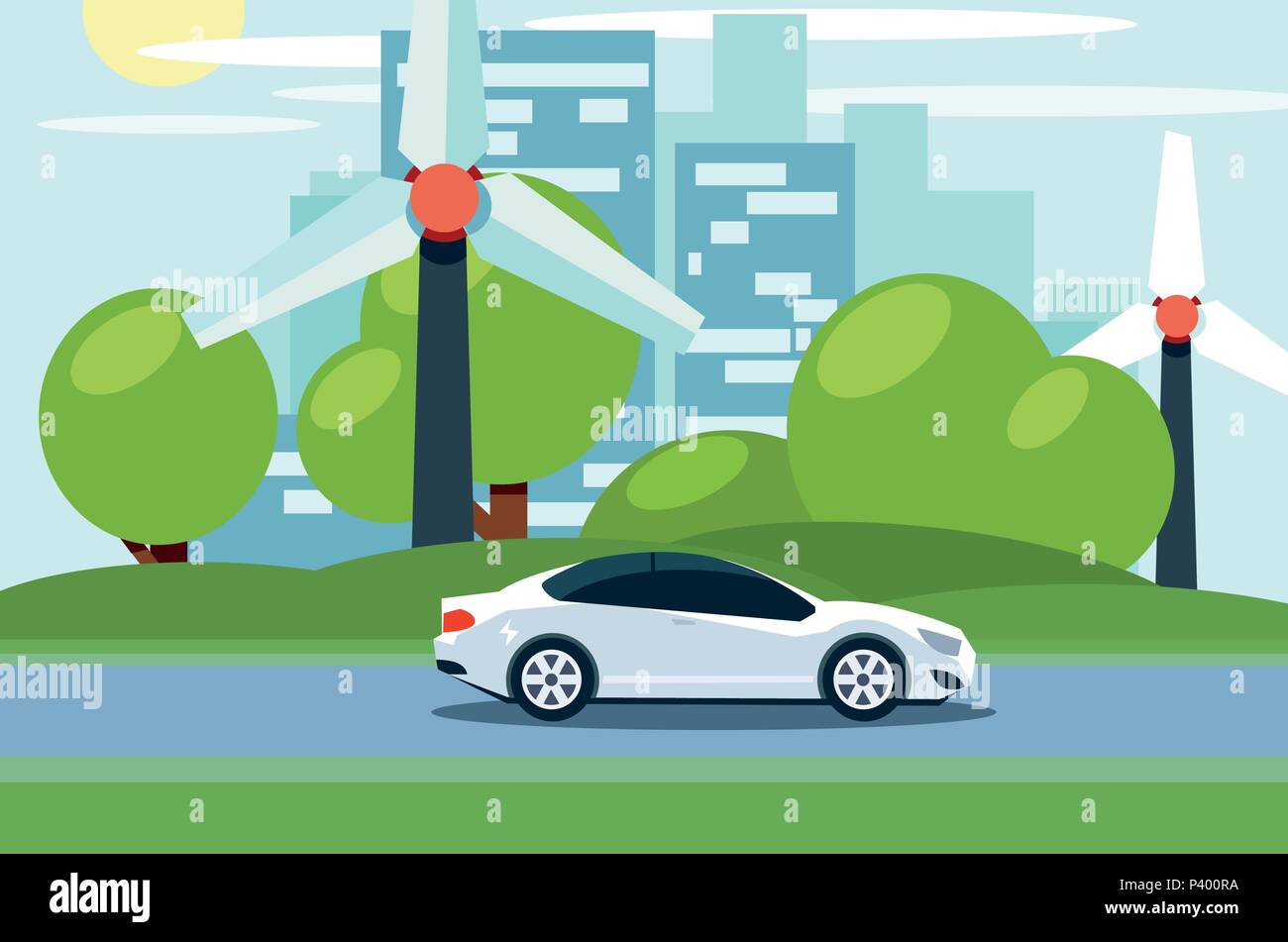 Flat vector of a white electric car in front of wind turbines. City skyline in the background. Stock Vector