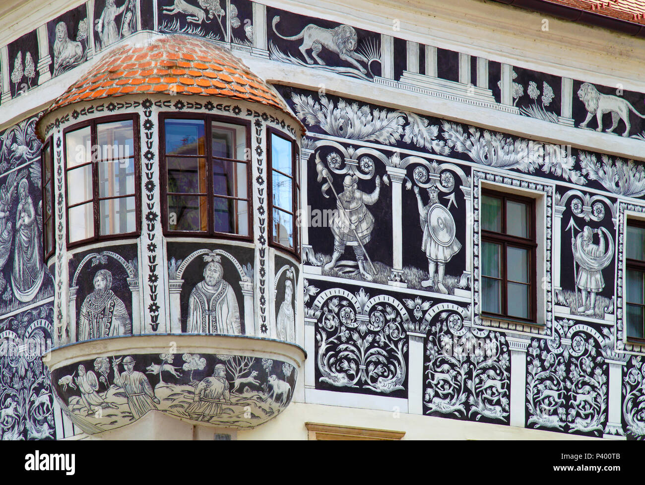 Czech Republic, Trebic, sgraffito facade, historic architecture, Stock Photo