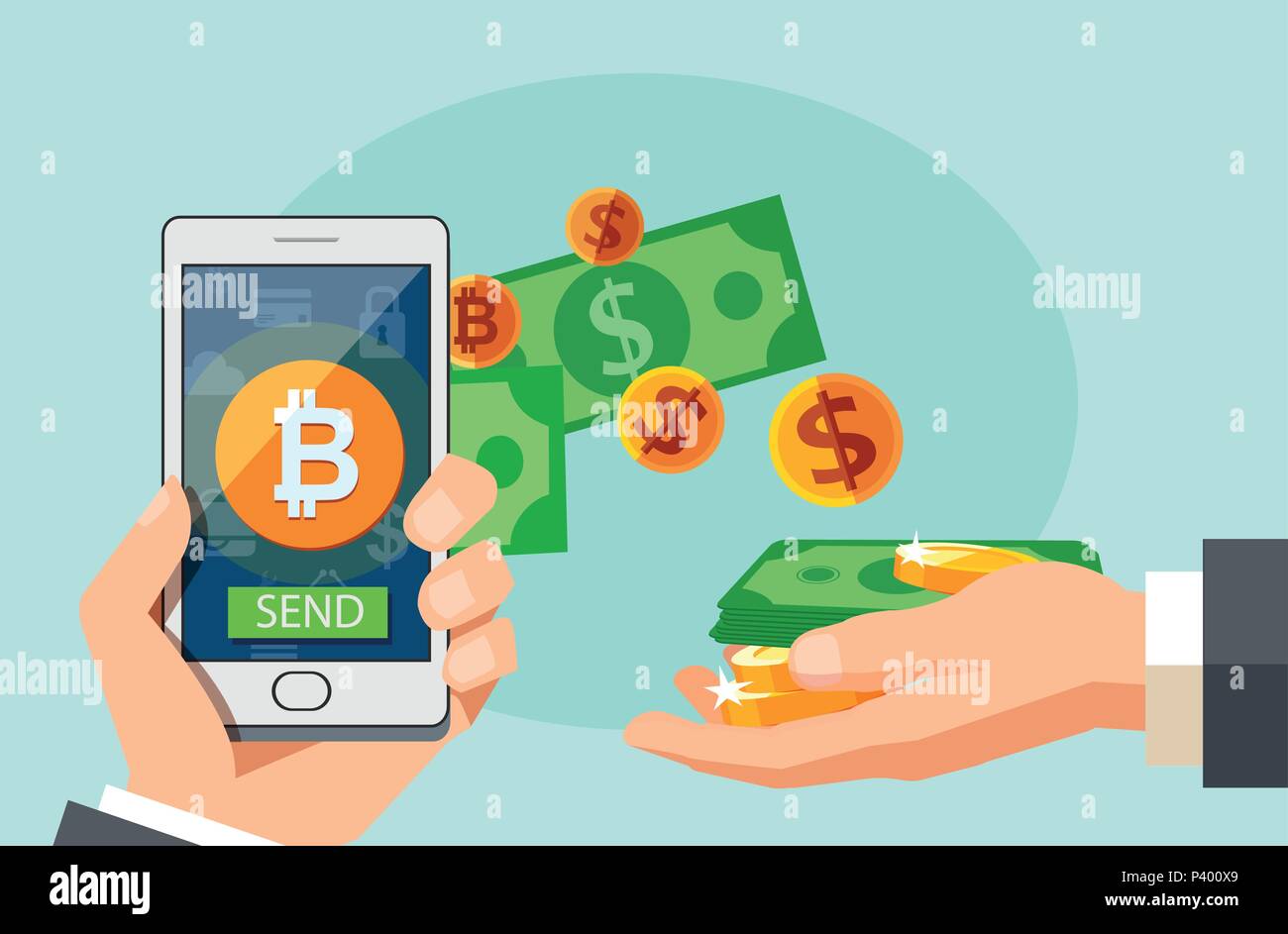 Flat modern design concept of cryptocurrency technology, bitcoin exchange, mobile banking. Hand holding smartphone with bitcoin and dollars coming out Stock Vector