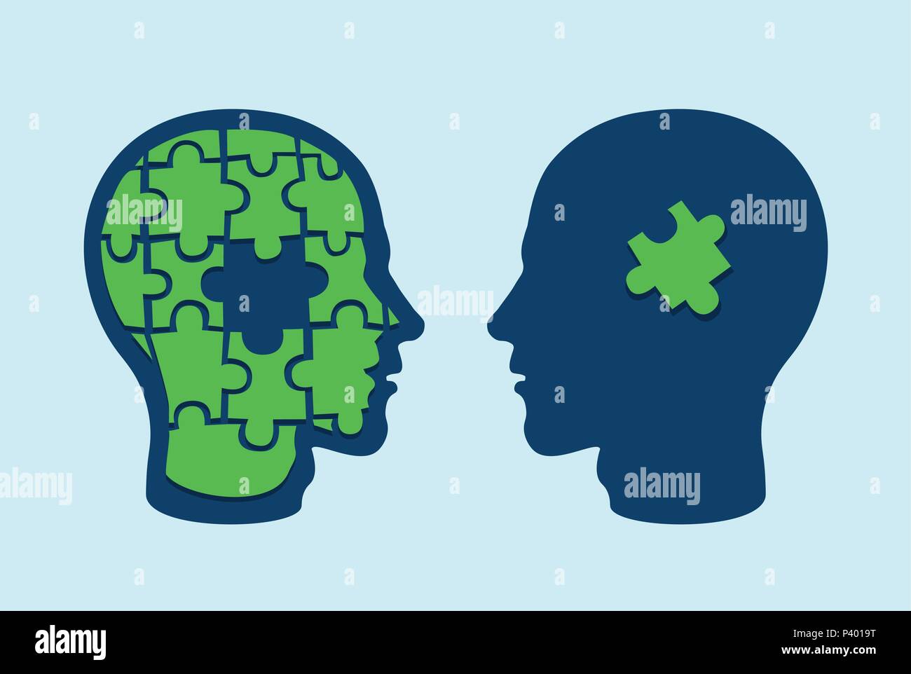 Puzzle head brain. Two face profiles against each other with one missing jigsaw piece cut out Stock Vector