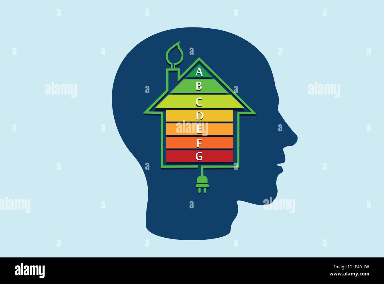 Energy efficient house concept with classification graph inside man head Stock Vector