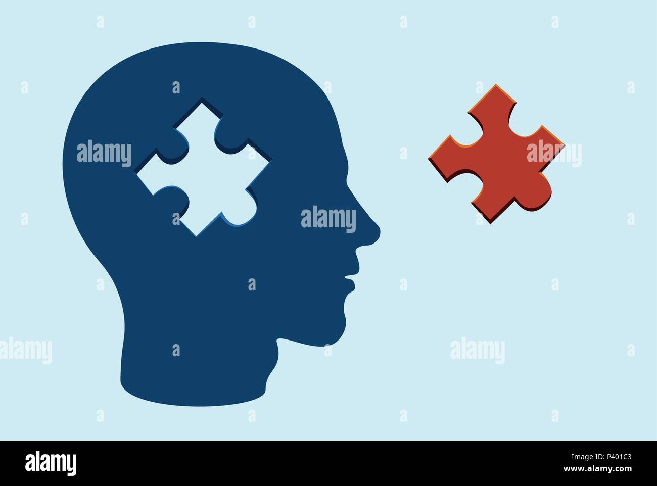 Puzzle head brain concept with a jigsaw piece cut out on blue gray background Stock Vector
