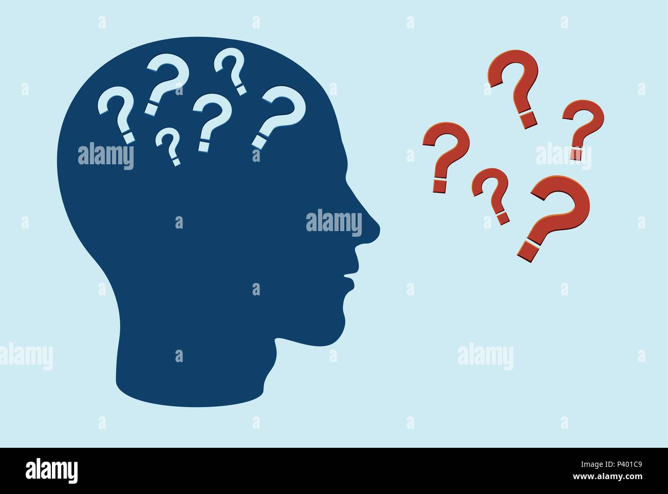 Cognitive function impairment concept. Side profile of human head with question marks Stock Vector