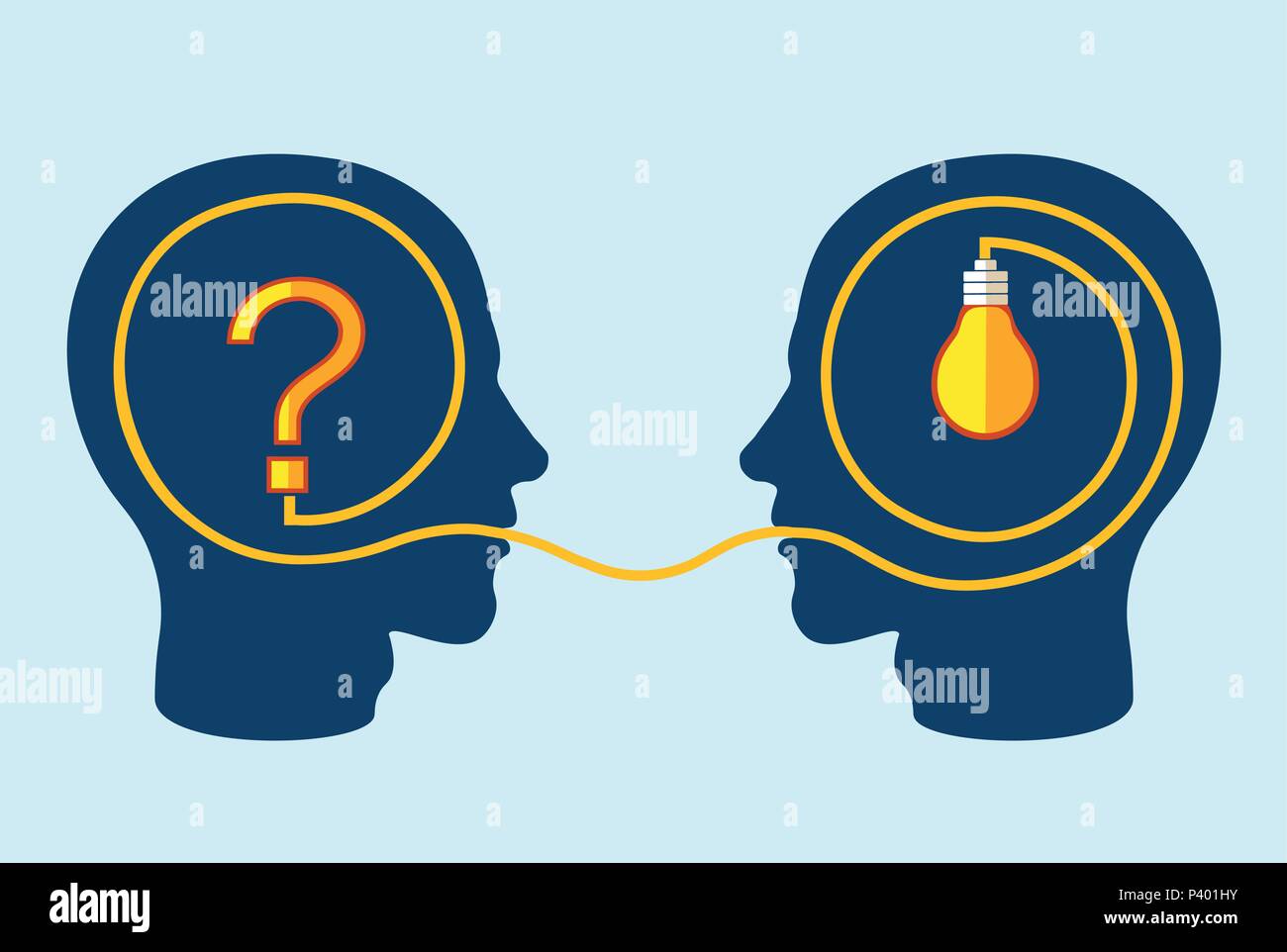 Thinking and problem solving concept with two heads one with question mark another with light bulb Stock Vector