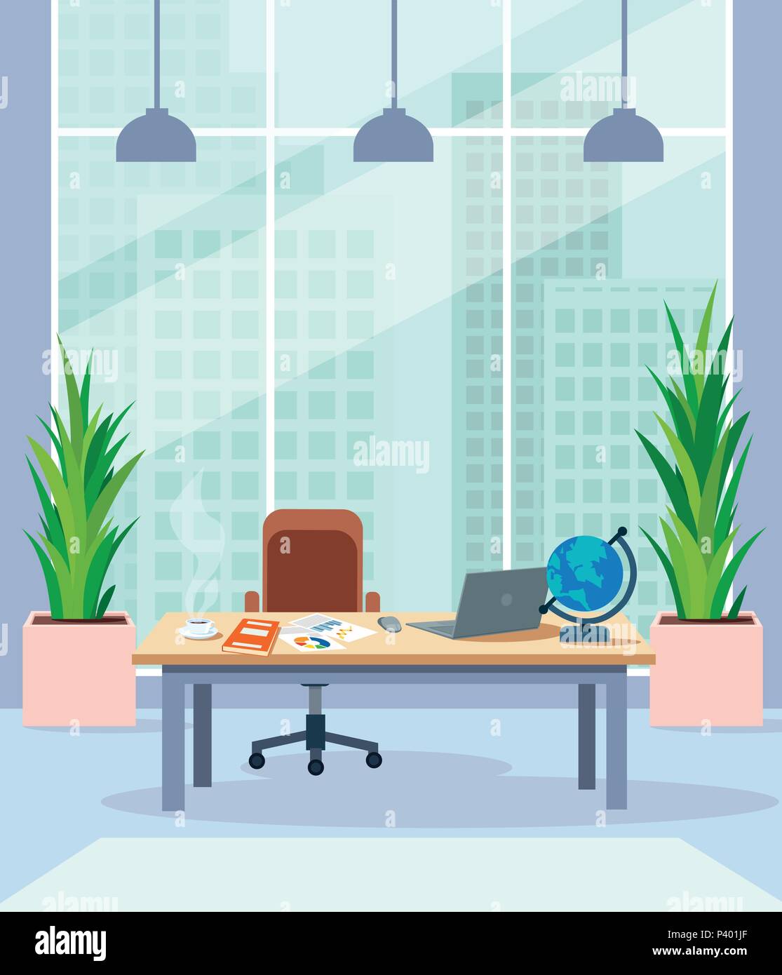 The interior of the office room, with a workplace, big panoramic window and views of the city skyline. Vector in cartoon style. Stock Vector