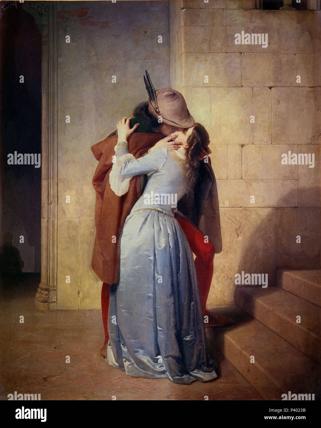 'The Kiss', 1859, Oil on canvas, 110 x 88 cm. Author: Francesco Hayez (1791-1881). Location: PINACOTECA DI BRERA, MILAN. Stock Photo
