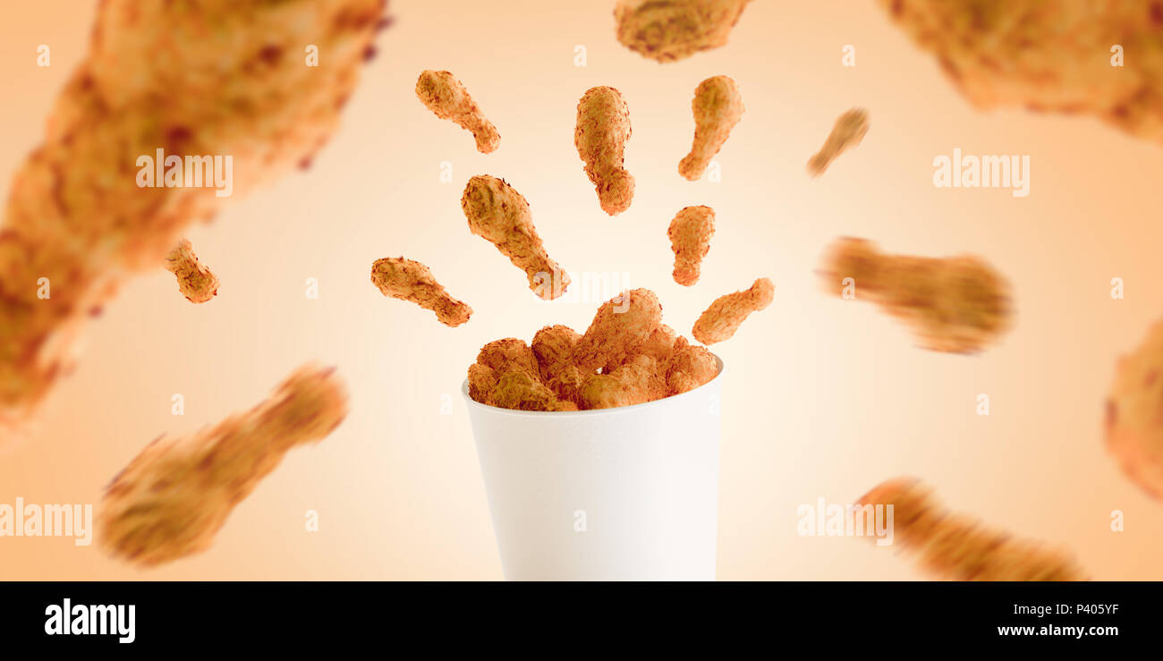 Blank food bucket with chicken wings mock up, no gravity, 3d rendering. Empty pail fastfood mockup, isolated. Paper hen bucketful template Stock Photo