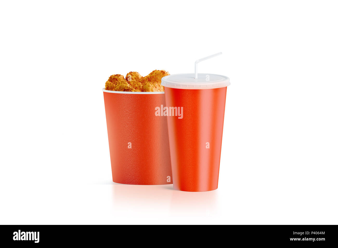 Blank red food bucket with cup with straw mockup, 3d rendering. Empty pail fastfood and paper soda drinking mug with lid and tube mockup. Paper hen bucketful and soft drink cola take away package Stock Photo